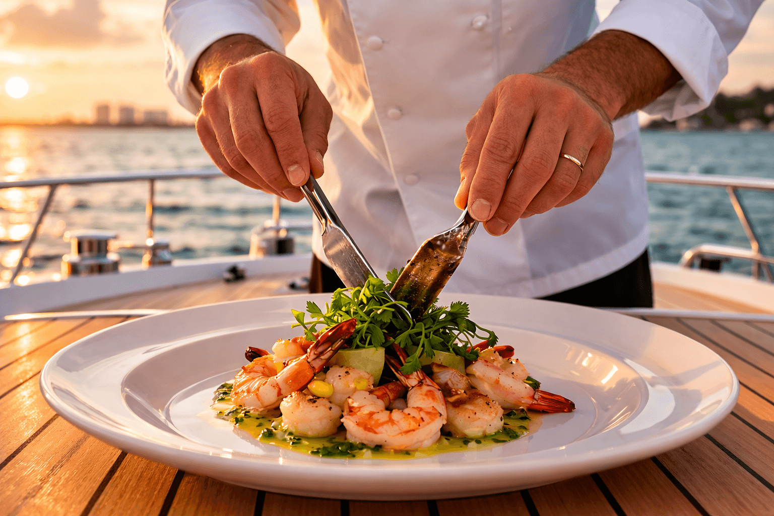 Private chef preparing gourmet shrimp dish on a yacht at sunset
