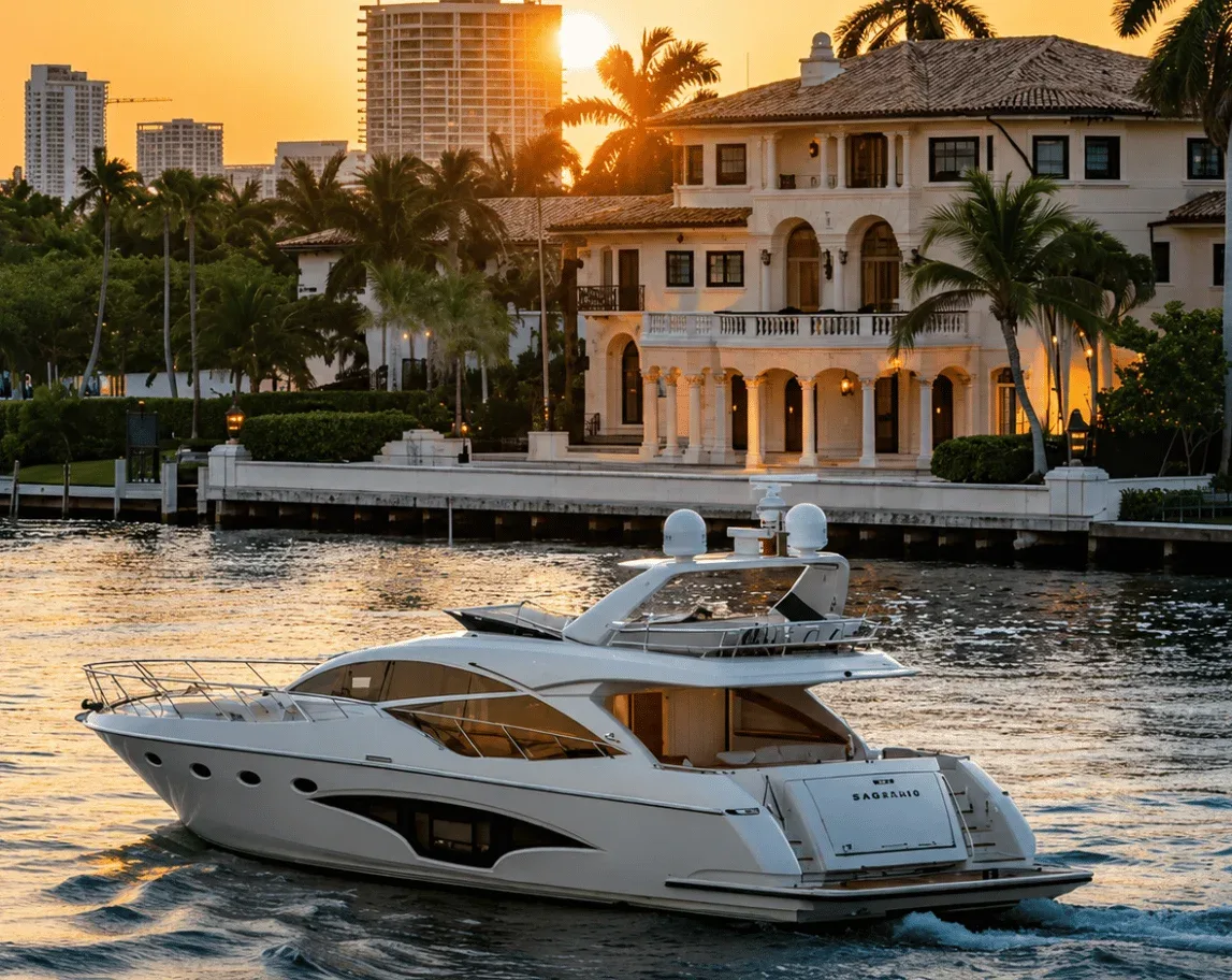 Celebracao de aniversario de casamento em iate de Miami com champanhe e vistas do skyline
