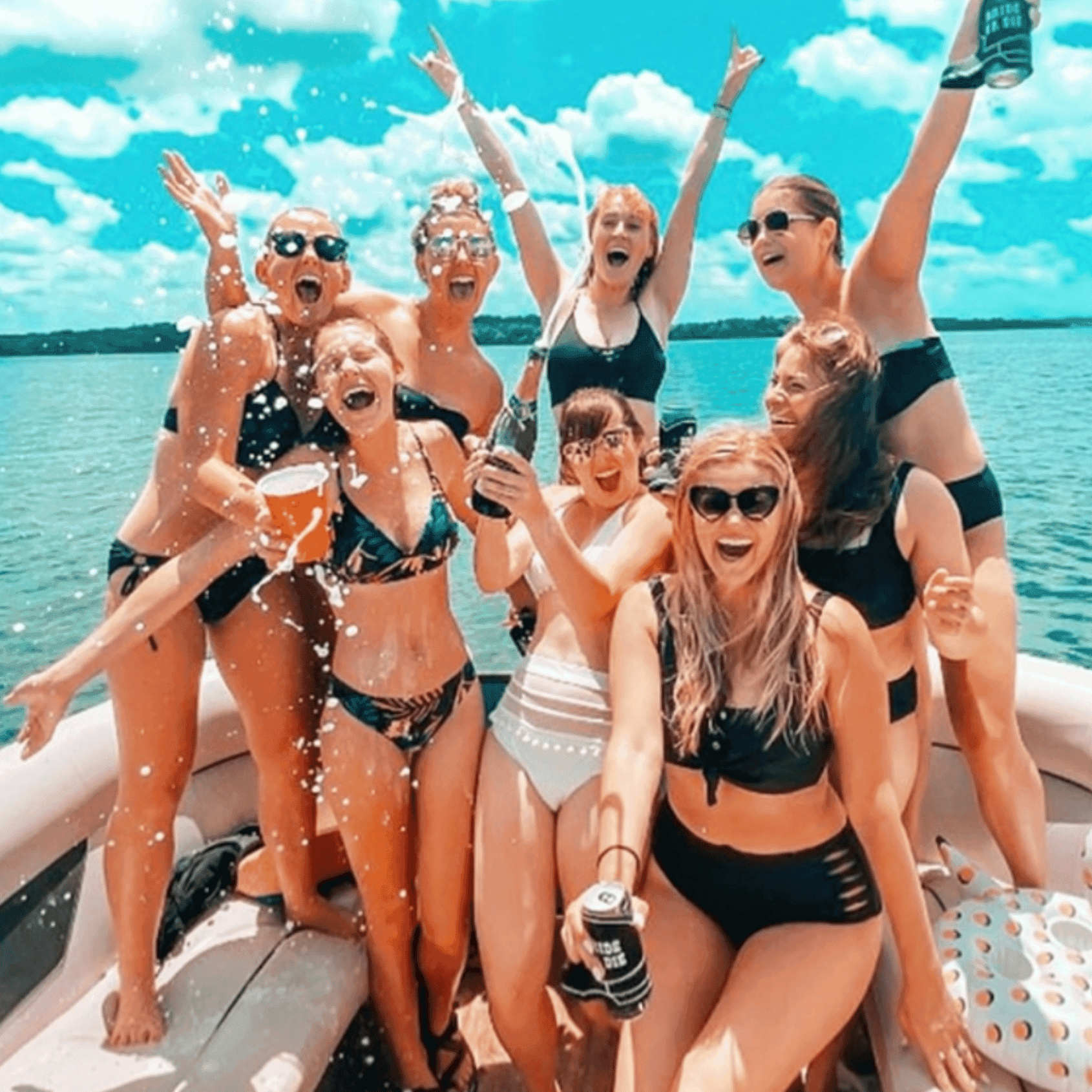 Bachelorette yacht decoration with flowers and balloons