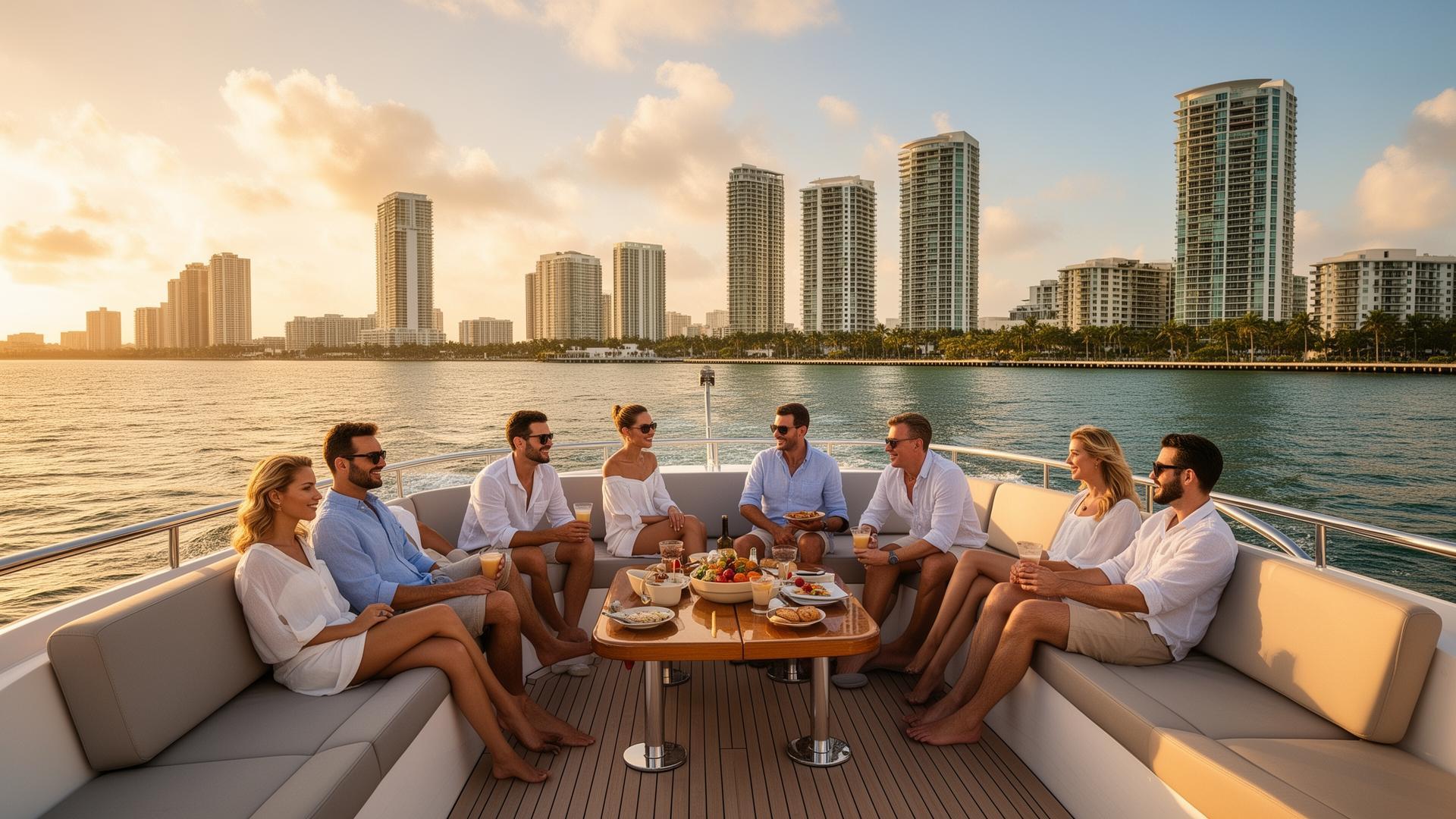 Private Yacht Charter in Miami yacht charter in miami with guests relaxing near the Miami skyline