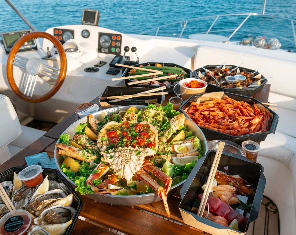 Luxury yacht catering setup with gourmet food and champagne in Miami