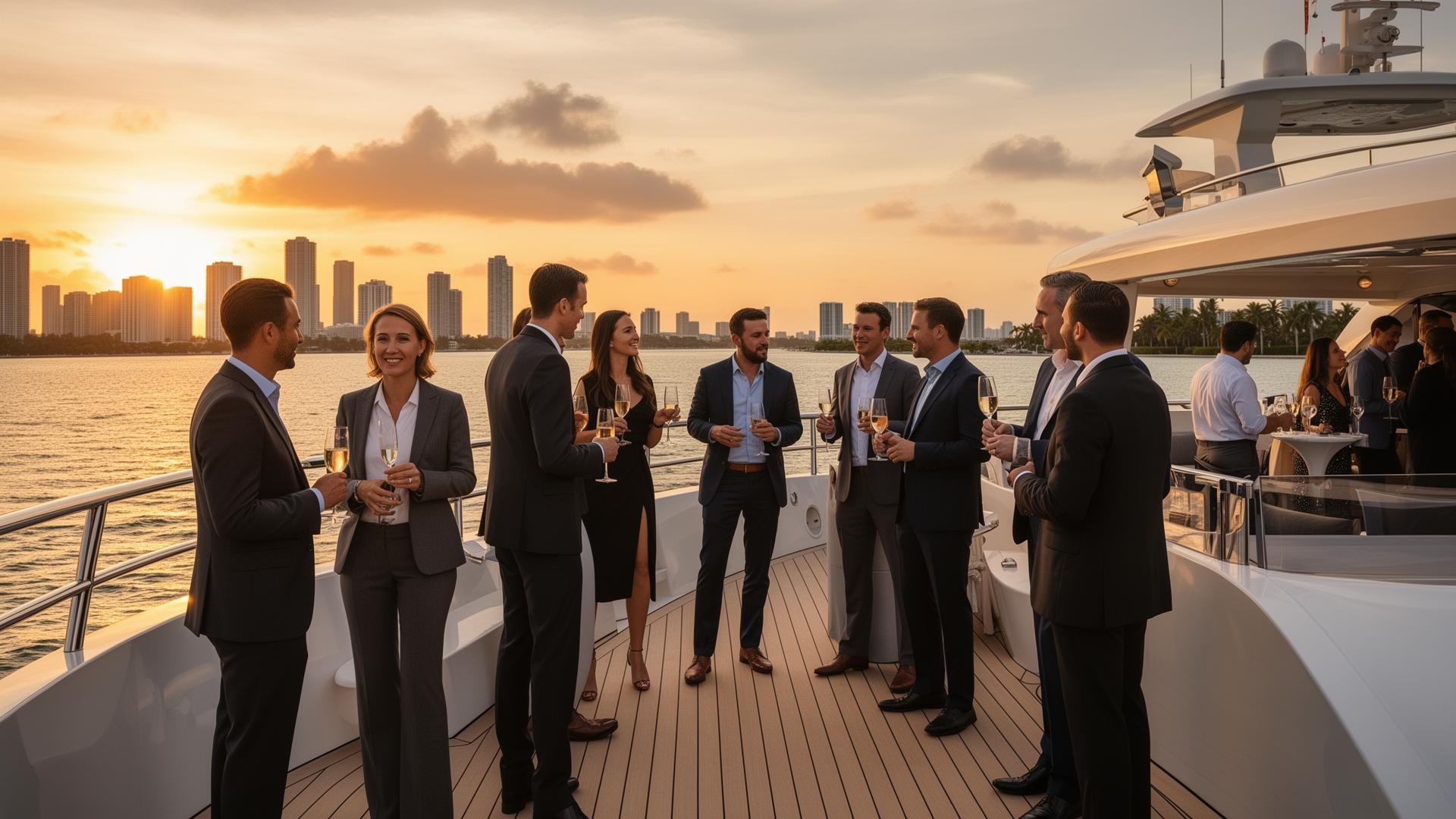 Corporate yacht event in Miami with professionals networking at sunset