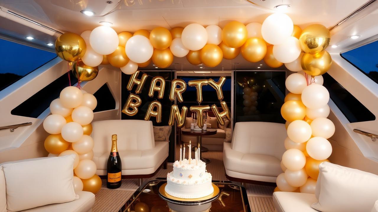 Miami Yacht Birthday Party Celebration birthday party on a miami yacht with group celebrating and decorations on the water