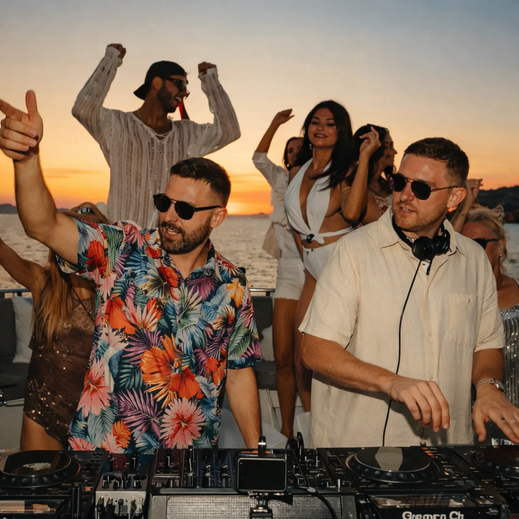DJ на вечеринке на яхте на закате в Майами