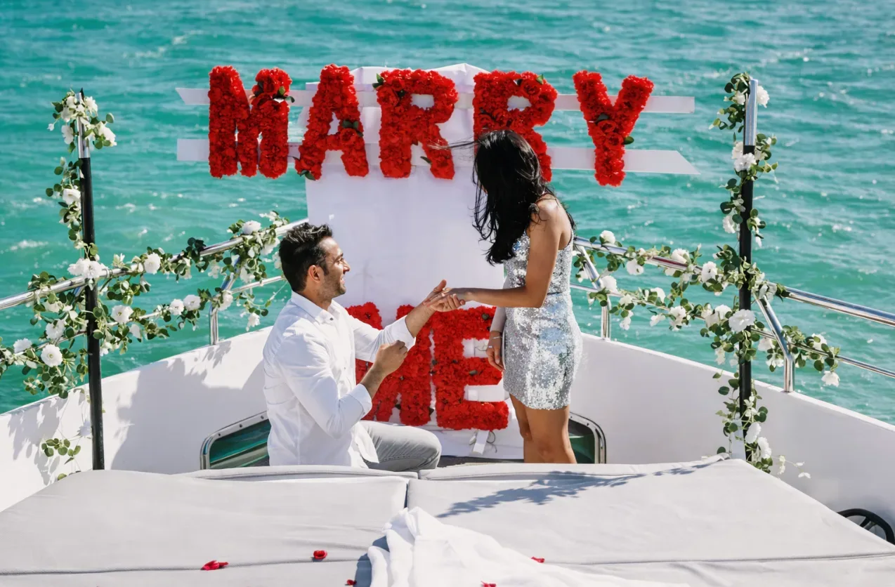 proposal on a yacht miami with roses and champagne on the deck at sunset