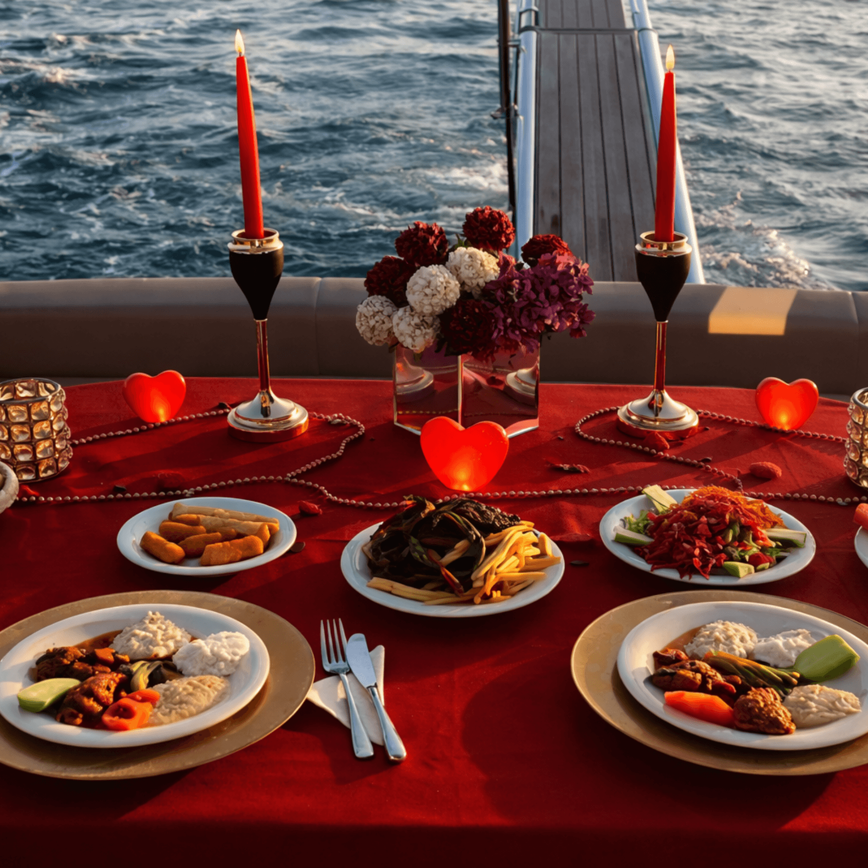 Romantic candlelit dinner table on yacht