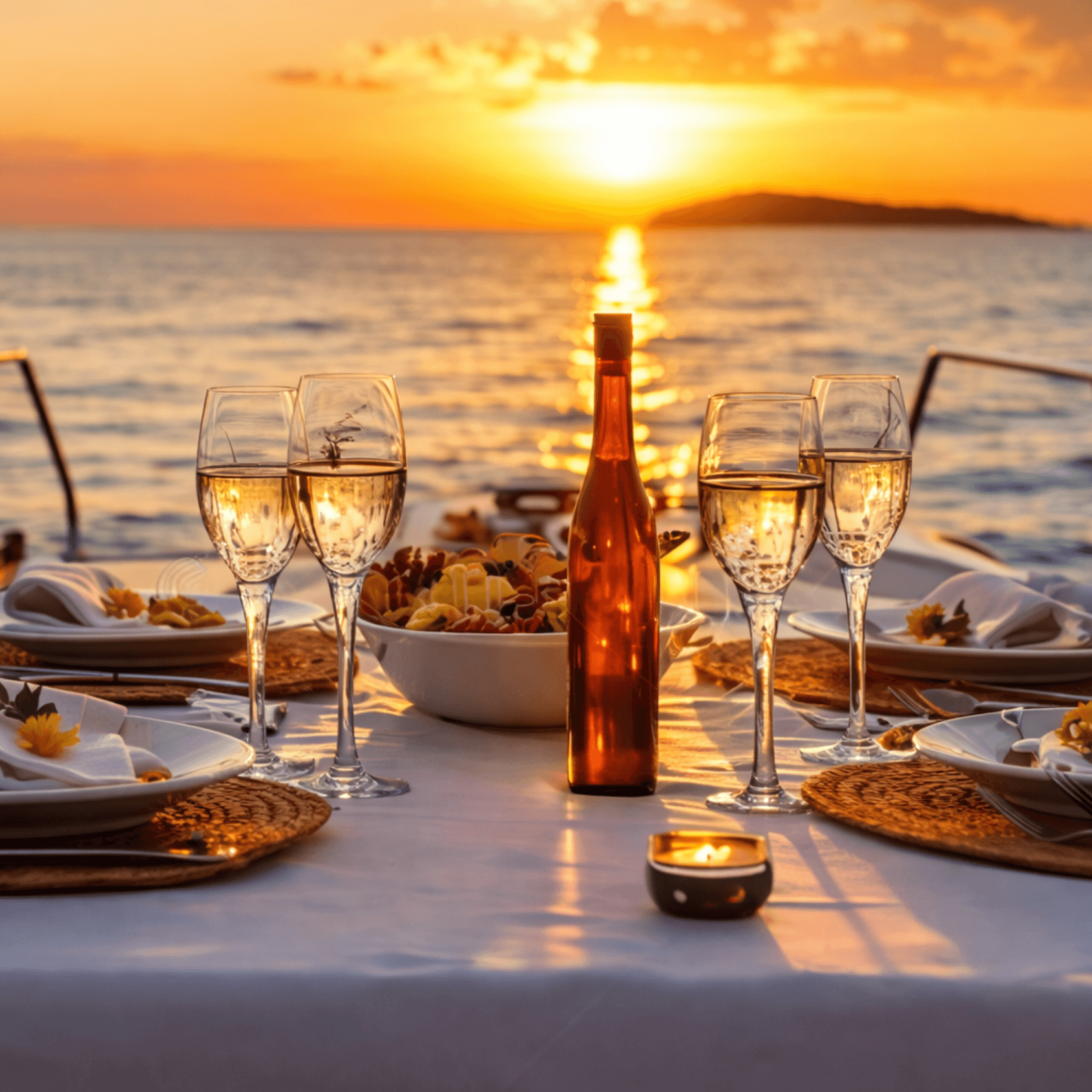Elegant sunset dinner setup on yacht