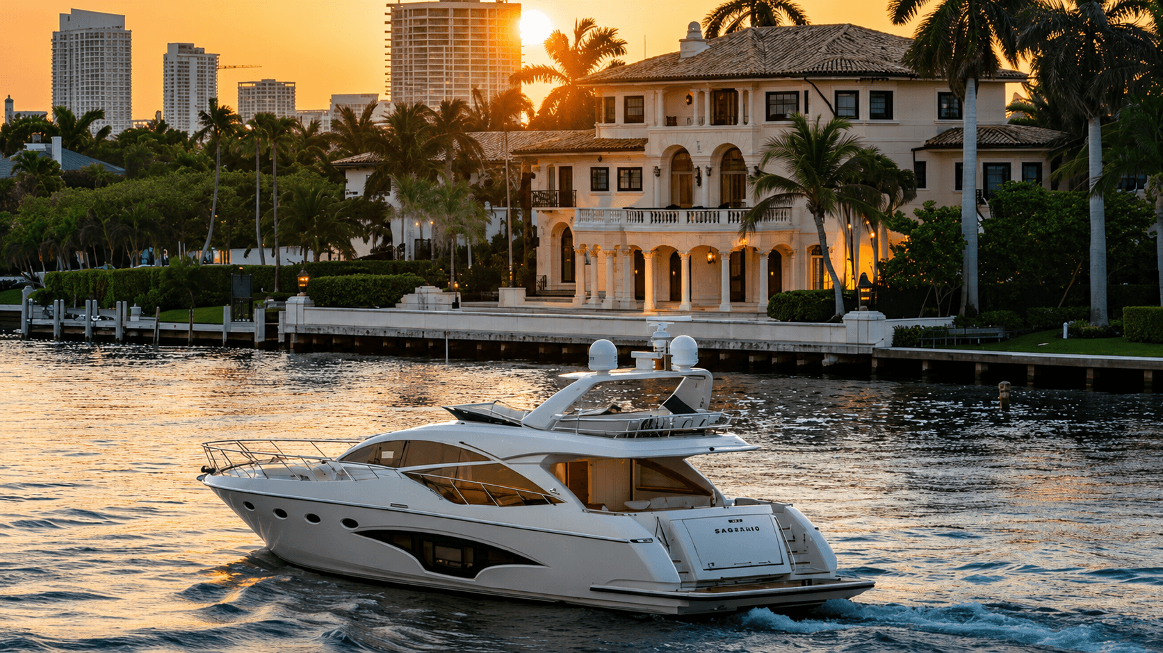 Cruzeiro de iate ao amanhecer em Miami, hora dourada na Baia de Biscayne com o skyline de Miami