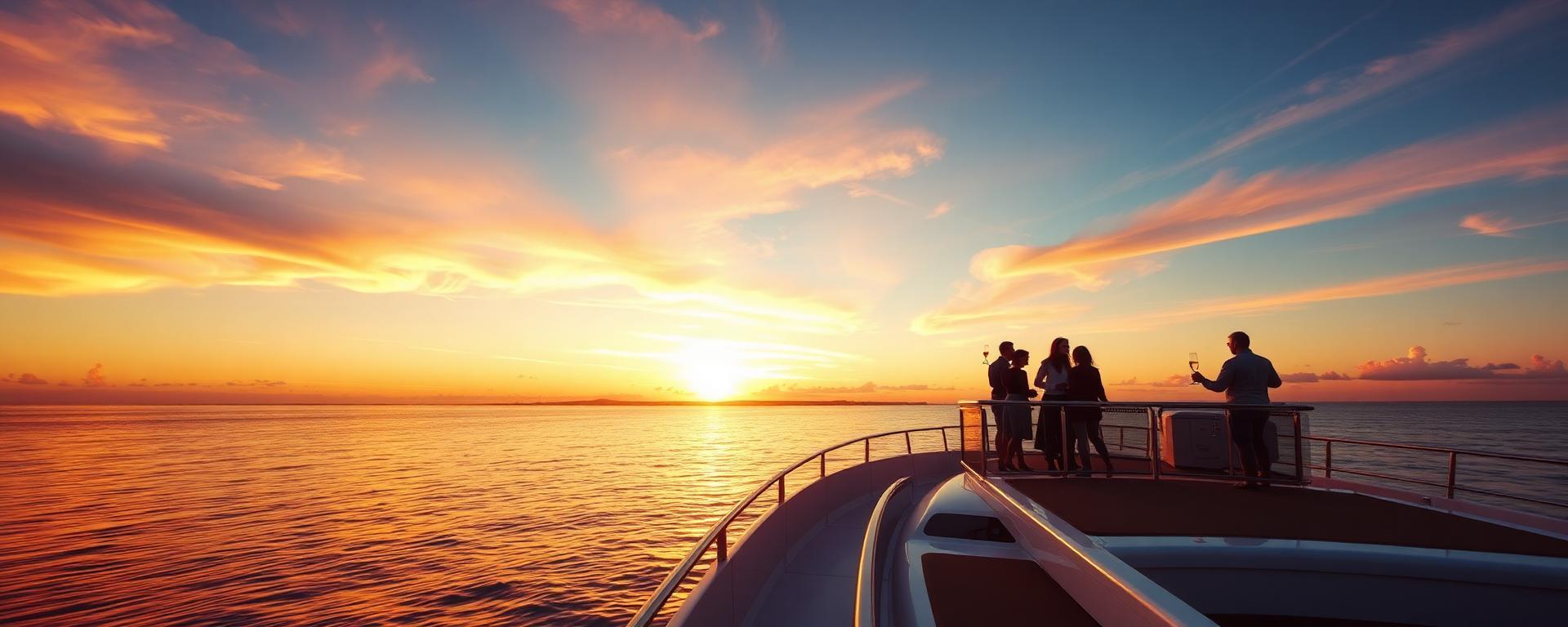 Miami Yacht Charter Weather — Crown Yachts miami yacht charter at sunset with clear skies on biscayne bay