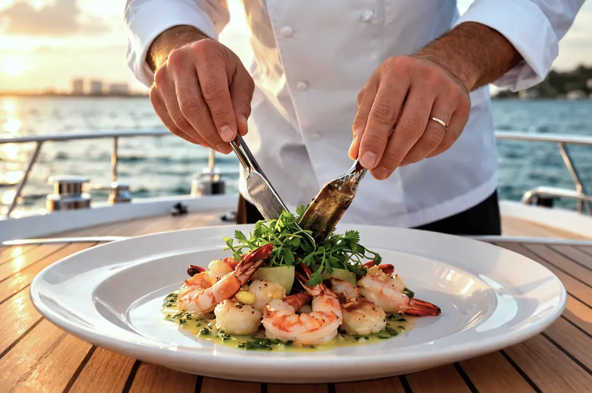 Private chef preparing gourmet food on a luxury yacht in Miami