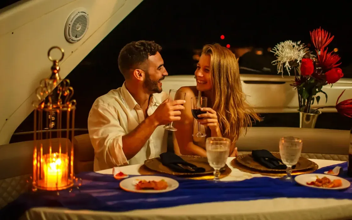 Romantic dinner on a private yacht in Miami at sunset