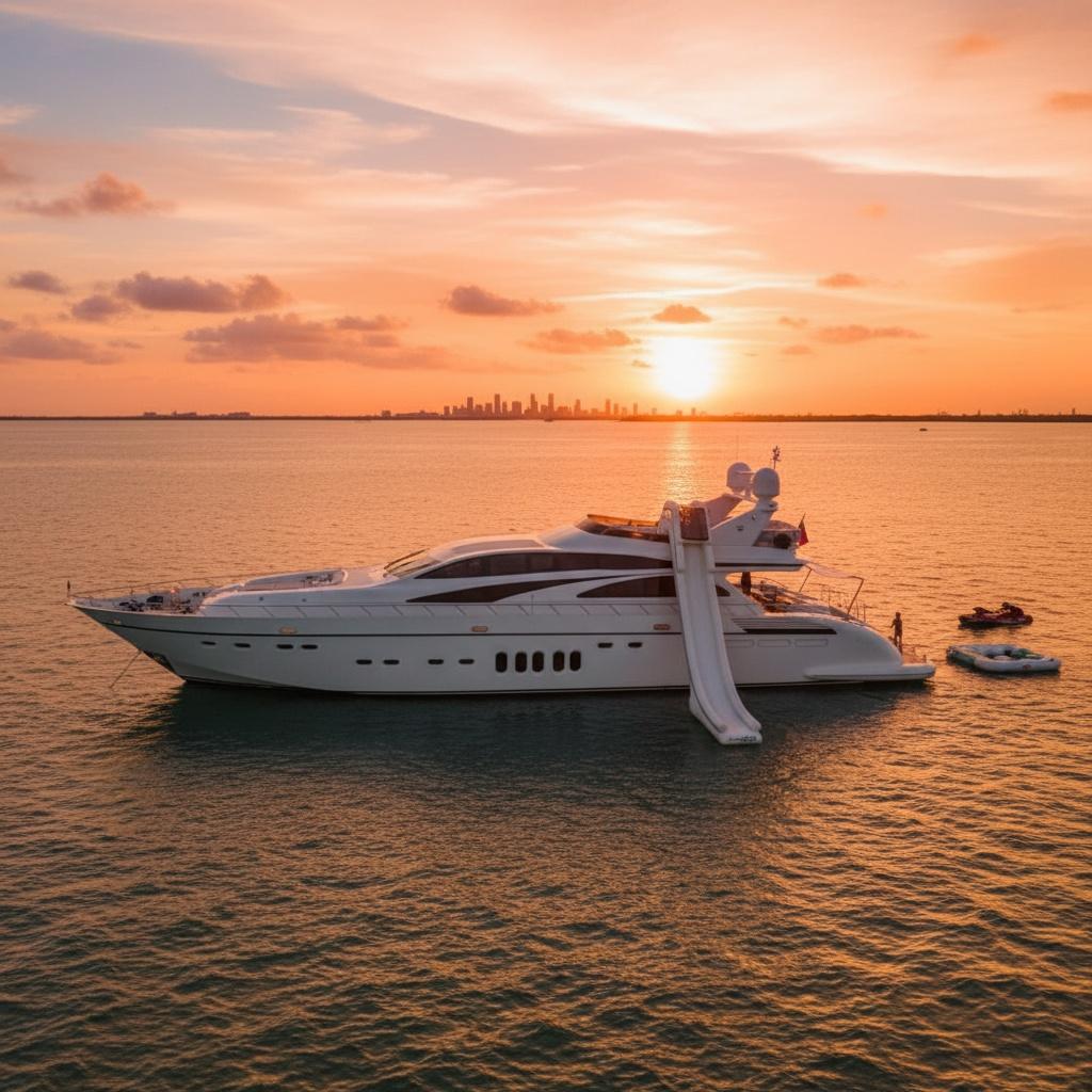 Luxury yacht cruising through Biscayne Bay in Miami at sunset